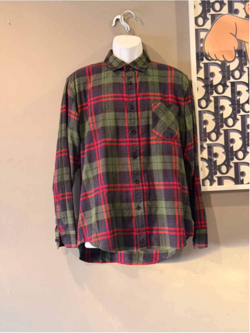 OCHENTA Men’s 3XL Plaid Flannel Button Down Shirt Green Red